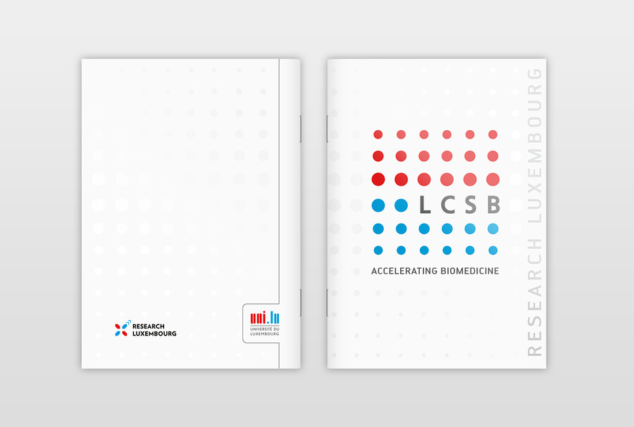 LCSB - Luxembourg Centre for Systems Biomedicine »5-Minuten-Broschüre« Kurzzusammenfassung der Arbeit des LCSB. Umschlag Hochpägung und UV-Lack