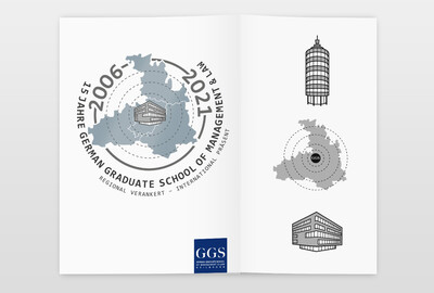 GGS - German Graduate School of Management & Law Festschrift »15 Jahre GGS«: Titelseite mit Klappe. Hochprägung, Sonderfarbe und Heißfolien­prägung, Titelillustrationen
